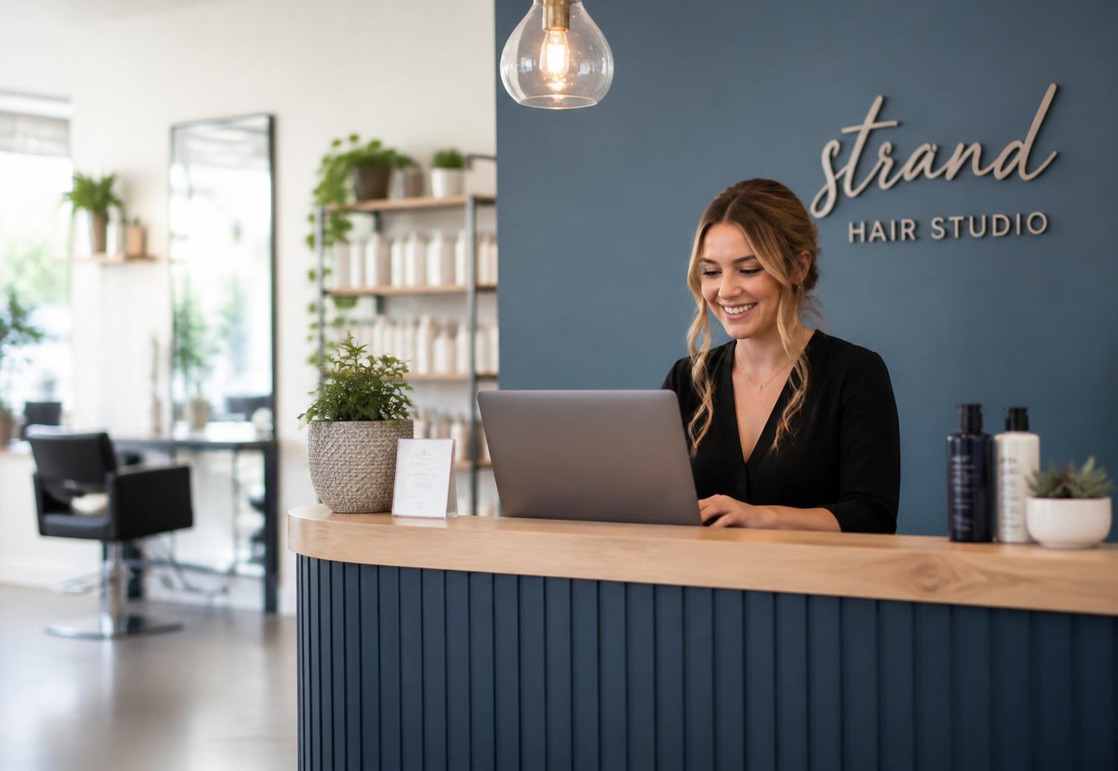 Salon receptionist managing appointments on a laptop at the front desk